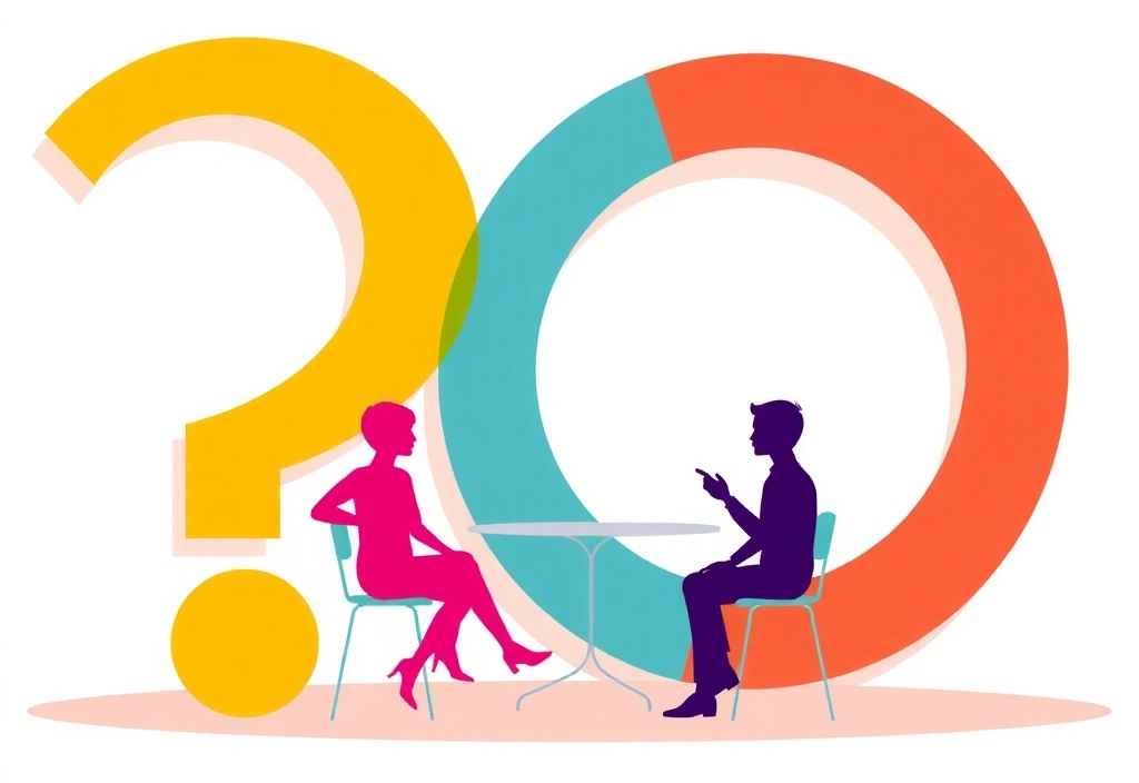 Eine moderne Illustration mit Fragezeichen und Menschen, die sich unterhalten, symbolisiert die Beantwortung von Fragen.