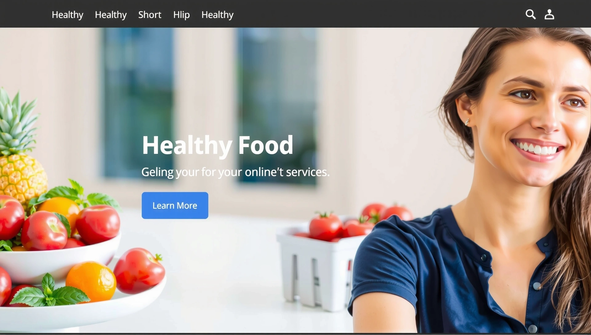 A serene, modern image depicting healthy food, a person smiling and looking healthy, with a subtle digital interface element suggesting online services. No text, letters, or inscriptions.